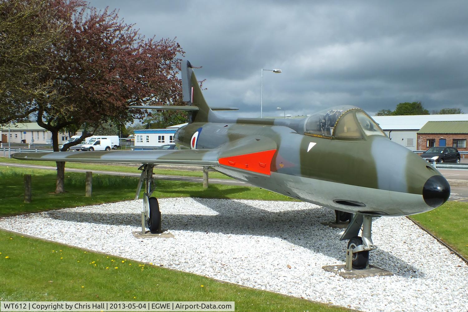 WT612, 1954 Hawker Hunter F.1 C/N 41H/665447, RAF Henlow gate guard, One of the original development aircraft it first flew in July 1954. From 1957 until 1984 it was used as a ground instructional airframe before moving to RAF Henlow. Restored at RAF Wittering in 2004 and moved back to Henlow