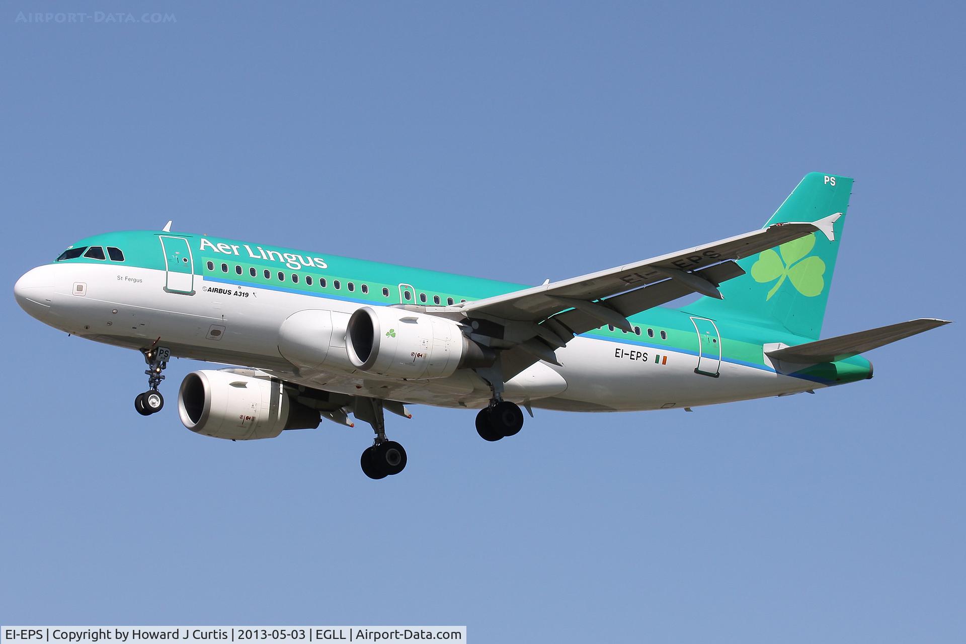 EI-EPS, 2008 Airbus A319-111 C/N 3377, Aer Lingus, on finals for runway 27L.