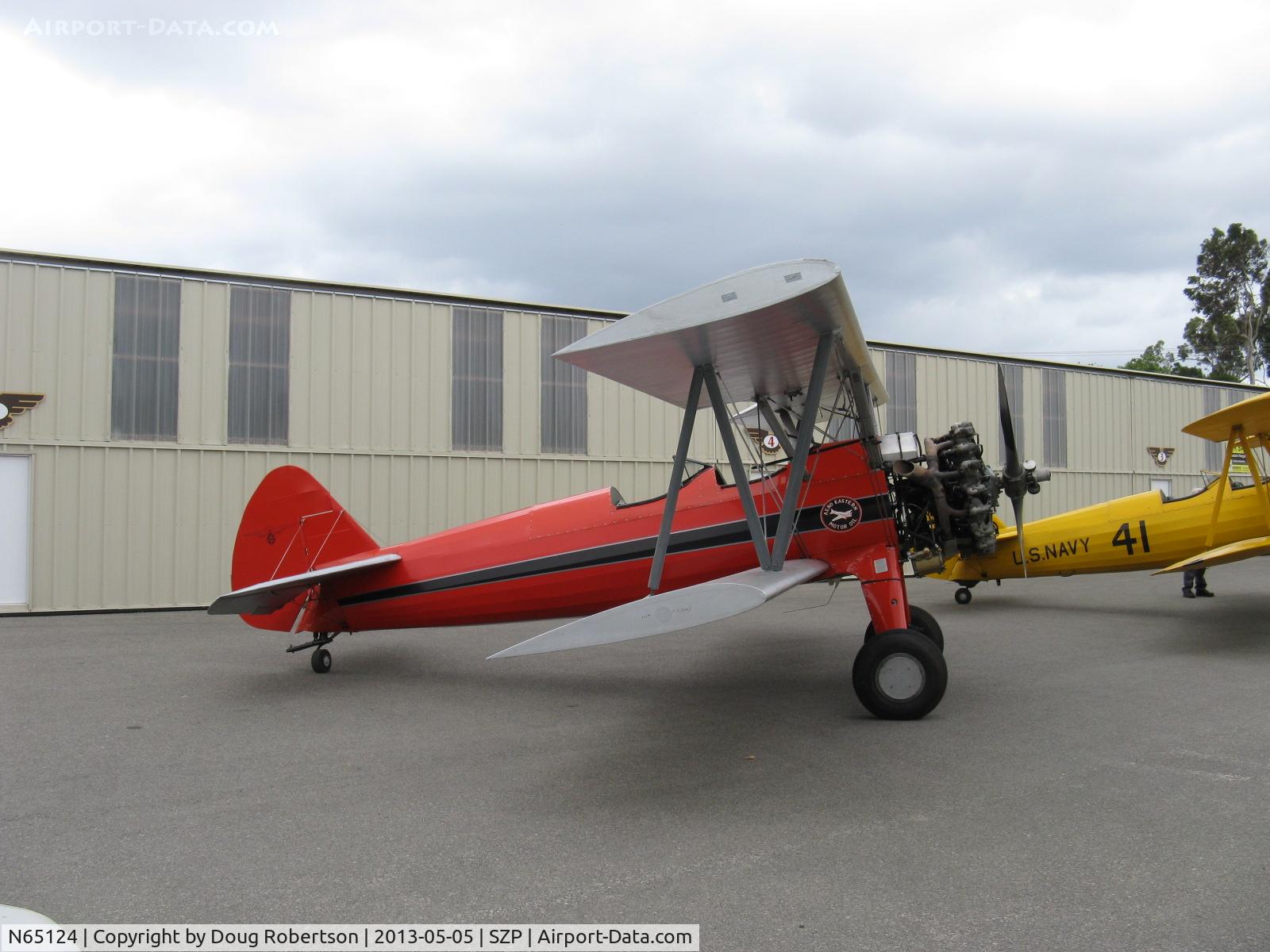 N65124, 1943 Boeing A75N1(PT17) C/N 75-1260, 1943 Boeing Stearman A75N1 (PT-17) 'Spirit of OPEC', P&W R-985 Wasp Jr. (by Jacobs) 450 Hp upgrade, at Aviation Museum of Santa Paula ramp