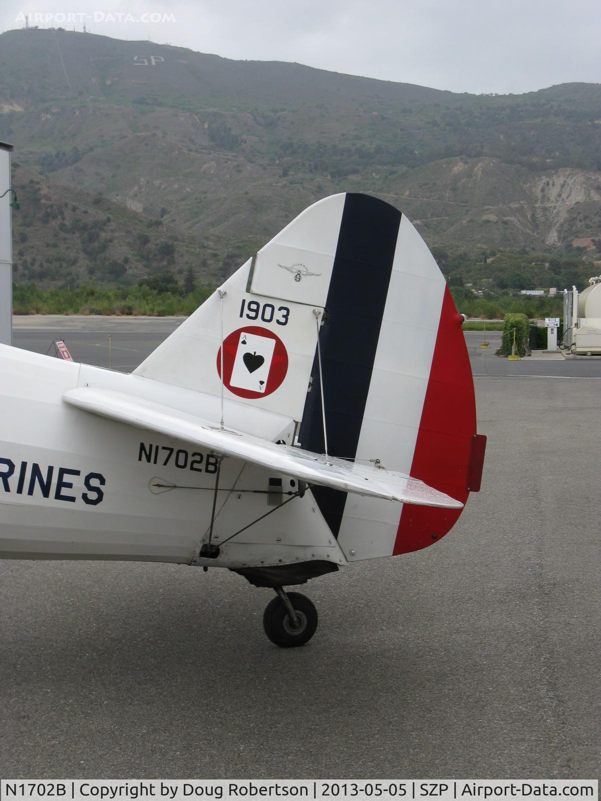 N1702B, 1942 Boeing PT-13D Kaydet (E75) C/N 75-5903, 1942 Boeing Stearman PT-13D 'Ruthies Doll', Continental W670 220 Hp, tail logo