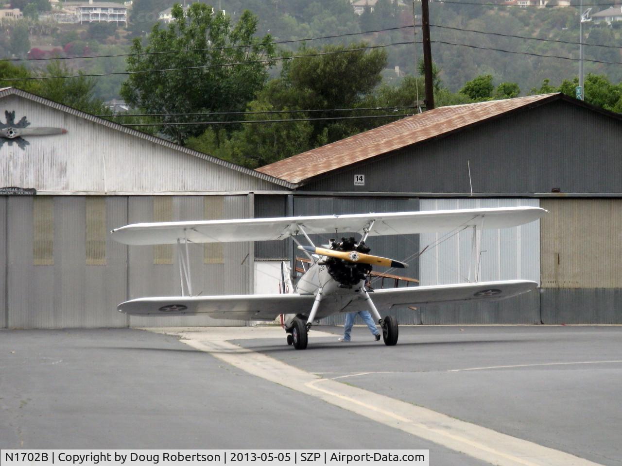 N1702B, 1942 Boeing PT-13D Kaydet (E75) C/N 75-5903, 1942 Boeing Stearman PT-13D 'Ruthies Doll', Continental W670 220 Hp radial, at hangar ramp-will be displayed today at Aviation Museum of Santa Paula ramp