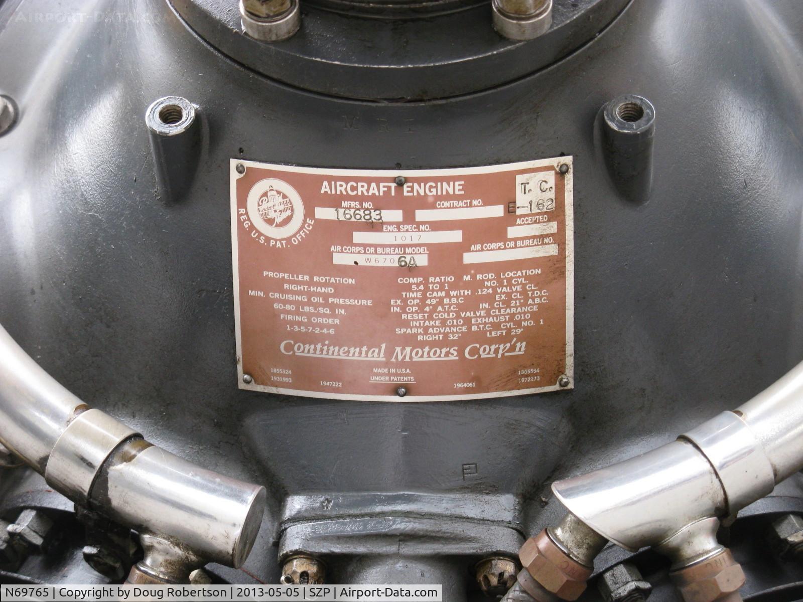 N69765, 1941 Boeing A75N1 (PT17) C/N 75-1044, 1941 Boeing Stearman A75N1 as Navy N2S-1, Continental W670 220 Hp, engine data plate, note low compression ratio