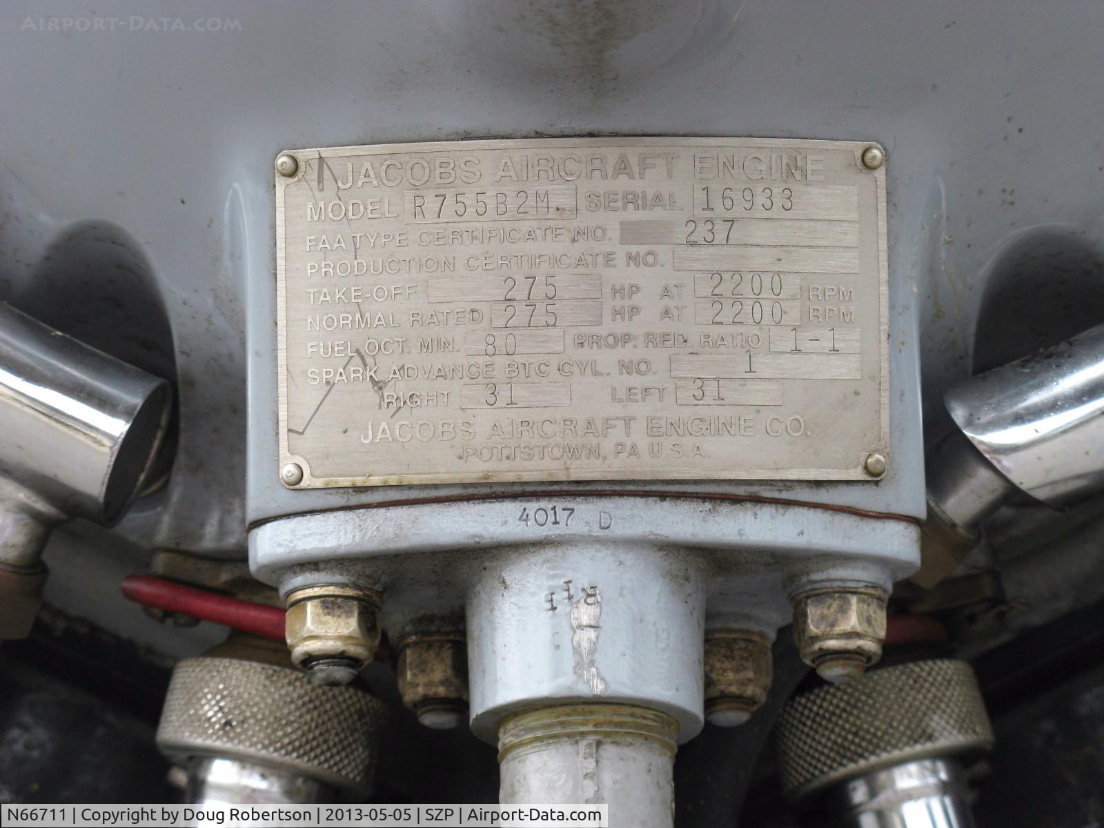 N66711, 1941 Boeing IB75A C/N 75-1675, 1941 Boeing Stearman IB75A, Jacobs R755B2 275 Hp upgrade, Restricted-Experimental class, engine data plate