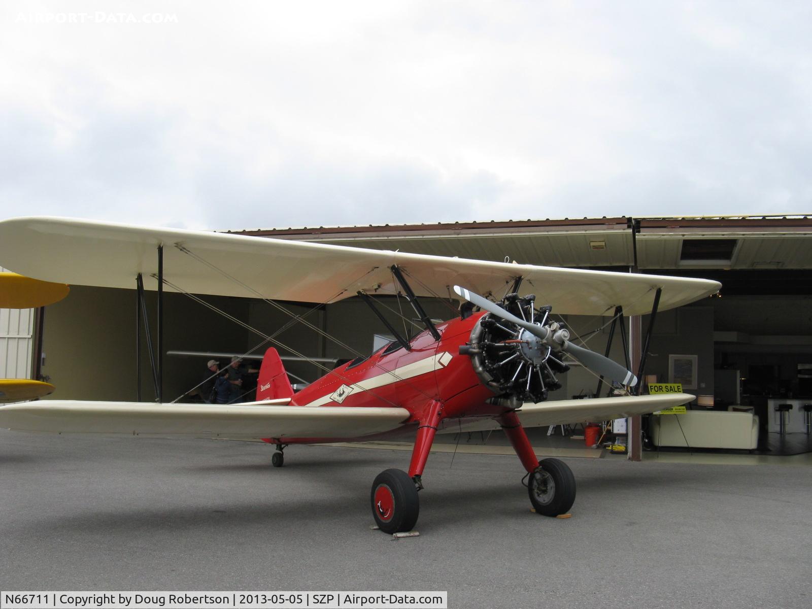 N66711, 1941 Boeing IB75A C/N 75-1675, 1941 Boeing Stearman IB75A, Jacobs R755B2 275 Hp upgrade, restored, re-engined, recovered and refinished by Rowena's Flying Fabric Company at SZP, Experimental class