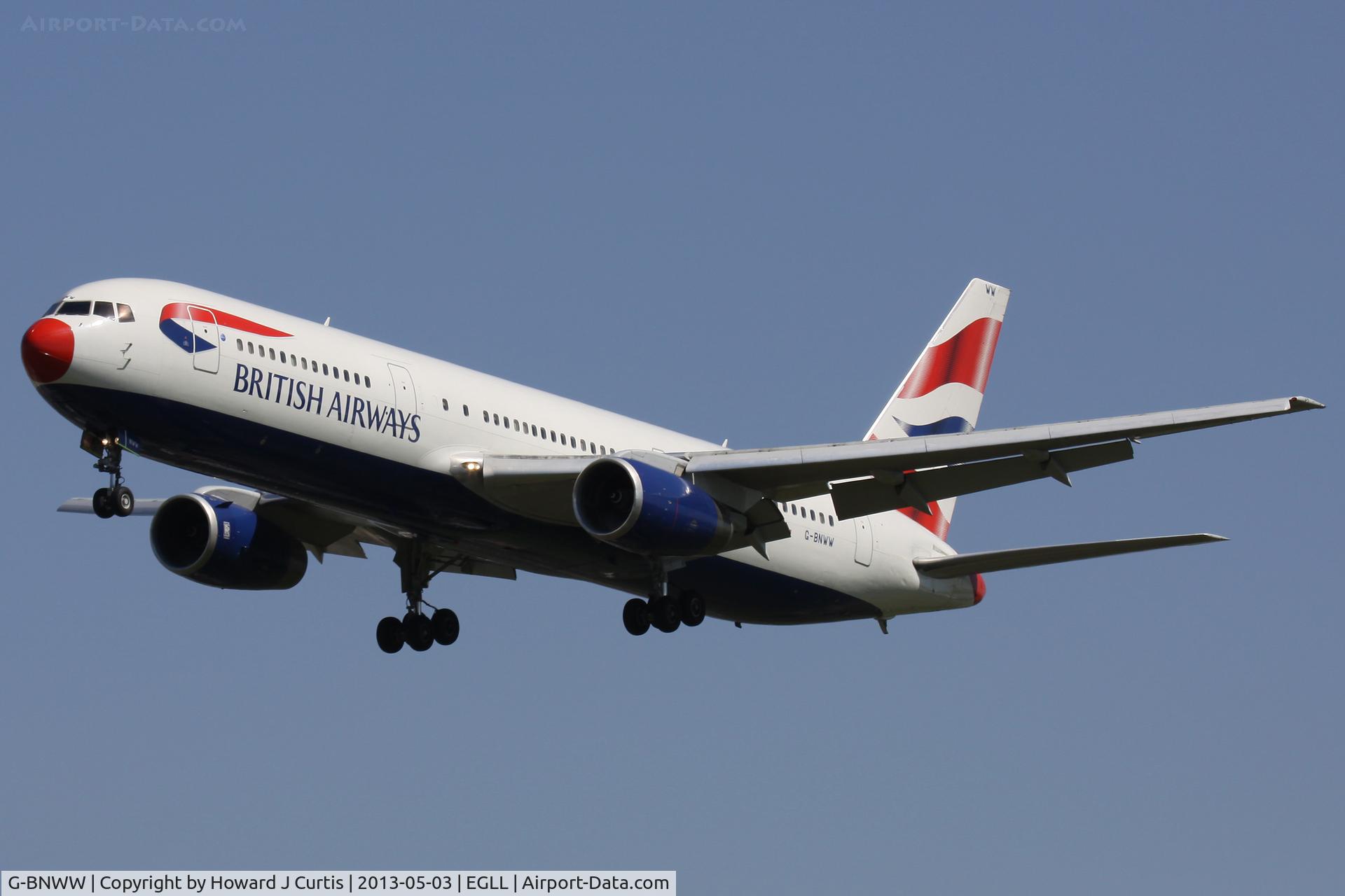 G-BNWW, 1993 Boeing 767-336/ER C/N 25831, British Airways, on finals for runway 27L. Complete with Comic Relief red nose.