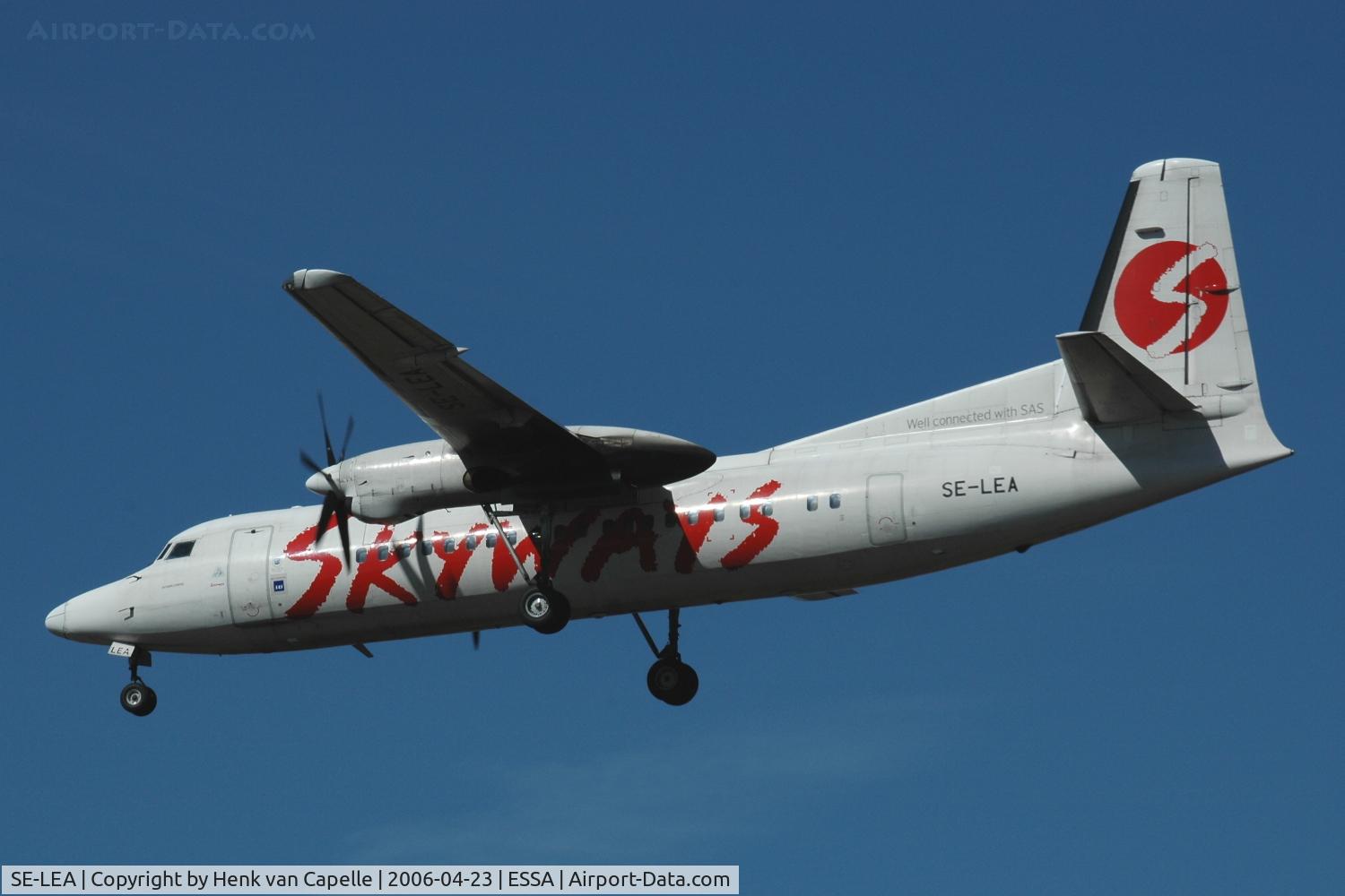 SE-LEA, 1987 Fokker 50 C/N 20116, Skyways Fokker 50 approaching Stockholm Arlanda airport, Sweden.