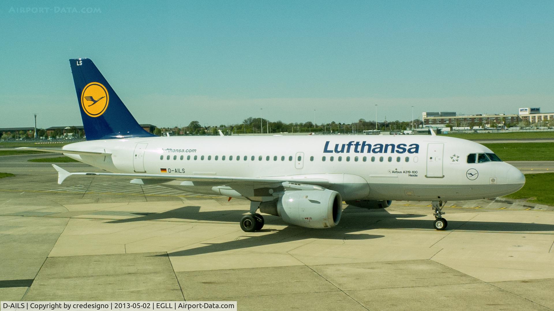 D-AILS, 1997 Airbus A319-114 C/N 729, Taken through the tinted windows of Terminal1 at Heathrow