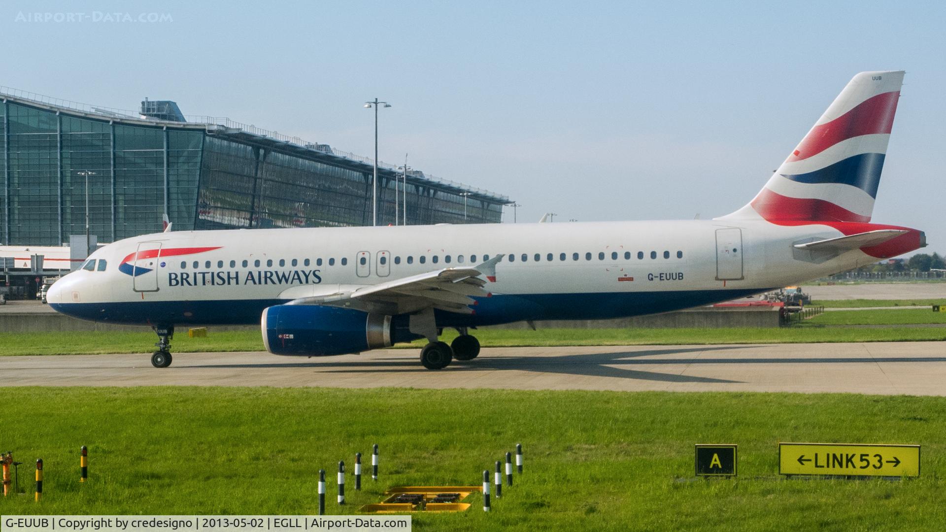 G-EUUB, 2002 Airbus A320-232 C/N 1689, Taken from inside a Virgin Atlantic A320 EI-DEI whilst waiting at the hold of 09R at Heathrow.