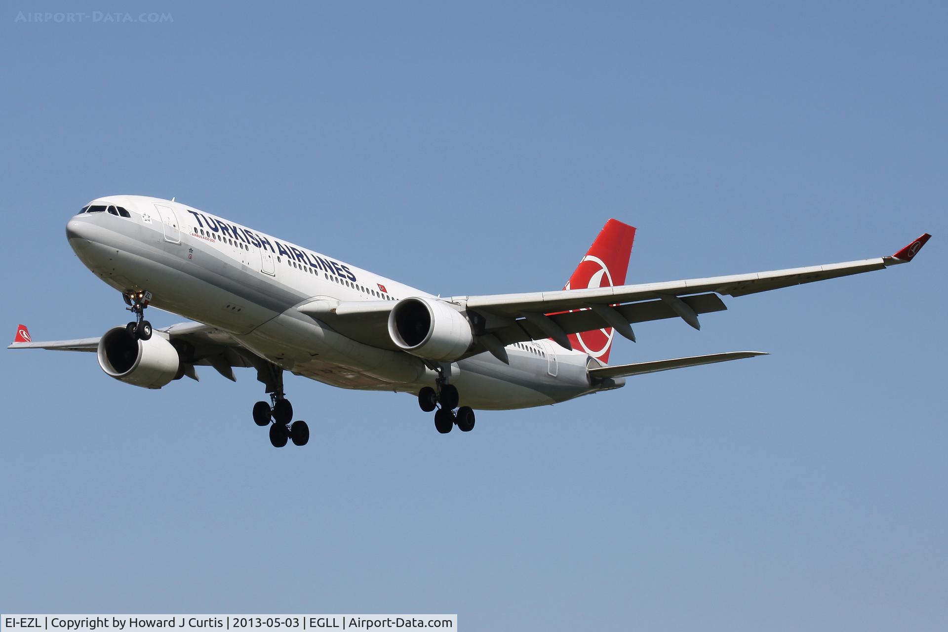 EI-EZL, 2006 Airbus A330-223 C/N 802, Turkish Airlines, with partial Eurofly colours, on approach to runway 27L.