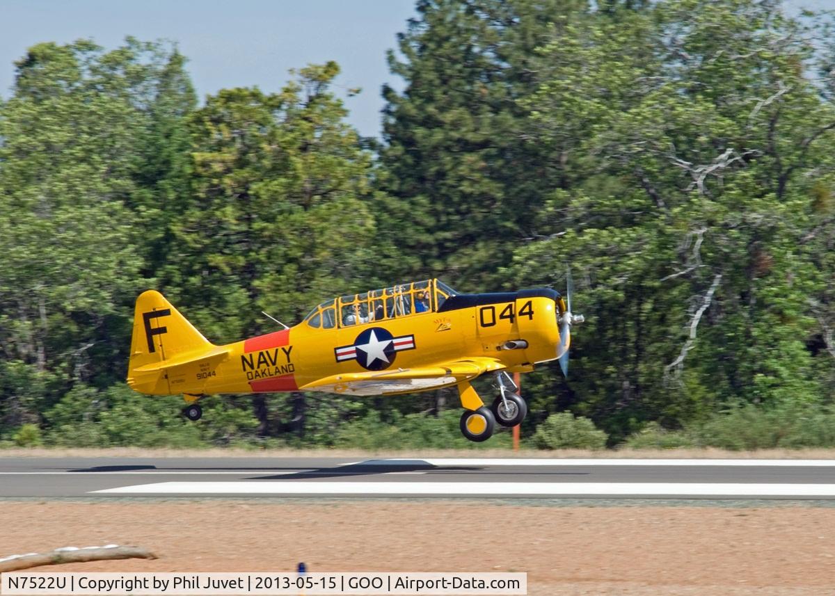 N7522U, 1952 Canadian Car & Foundry Harvard MK IV C/N CCF4-214, Landing at Nevada County Air Park, Grass Valley, CA after participating in a Fly By in honor of Lyman Gilmore, an early aviator based in Grass Valley. Gilmore claimed to have flown before the Wright Brothers.