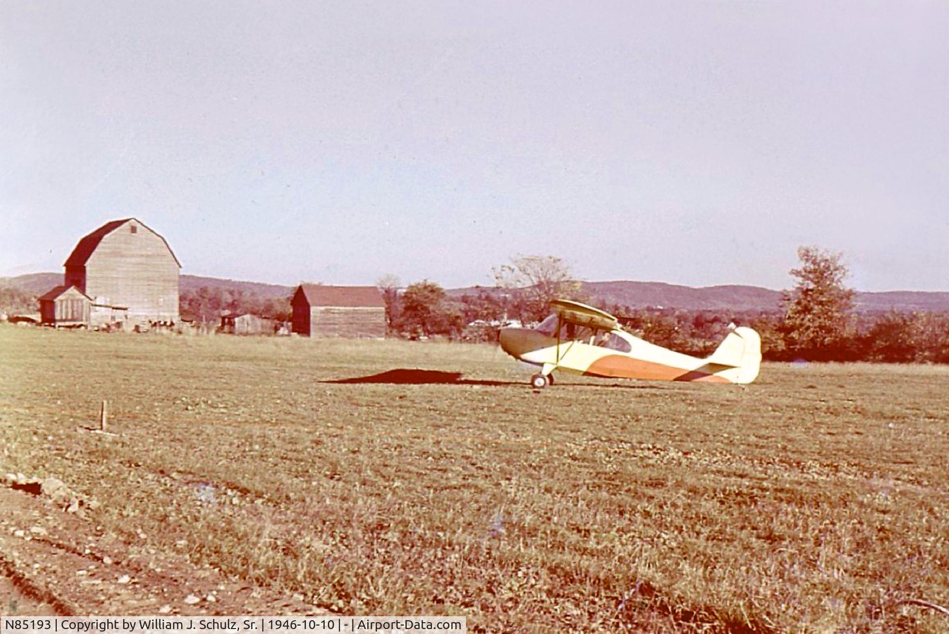 N85193, 1946 Aeronca 7AC Champion C/N 7AC-3926, Brand-new Spring Valley (NY) Airport, October 10, 1946, William Bohlke, Sr., owner/FBO/pilot, William J. Schulz, Jr. (me), passenger for first-ever plane ride. What a trip!