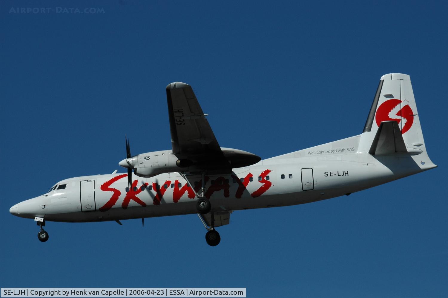 SE-LJH, 1989 Fokker 50 C/N 20171, Skyways Fokker 50 approaching Stockholm Arlanda airport, Sweden.