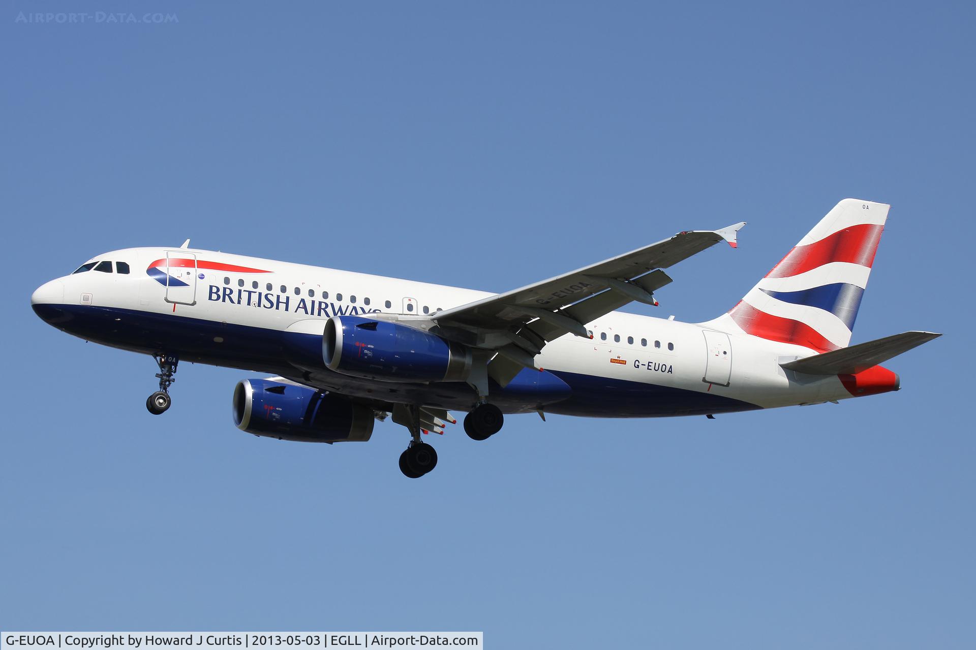 G-EUOA, 2001 Airbus A319-131 C/N 1513, British Airways, on approach to runway 27L.