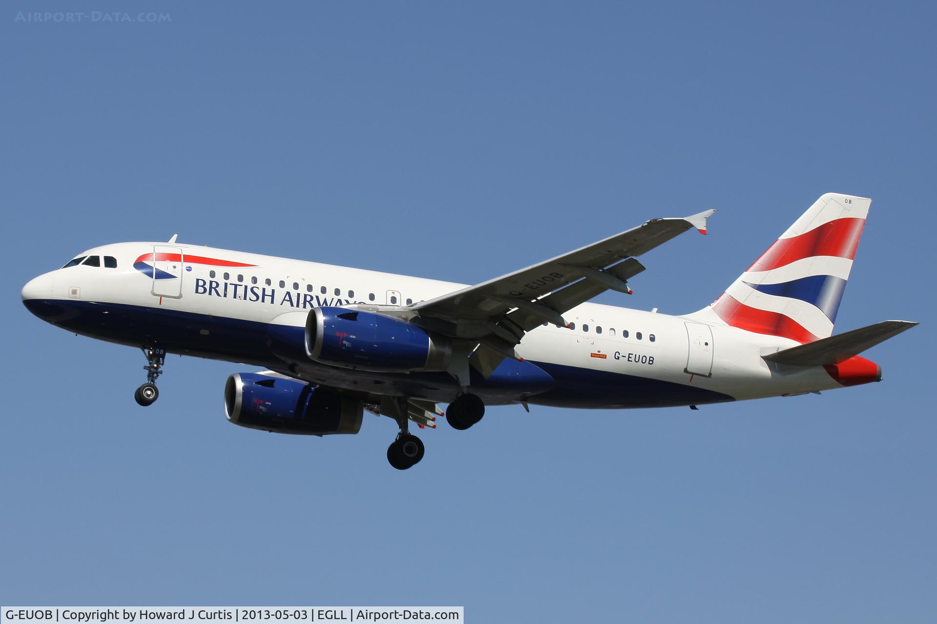 G-EUOB, 2001 Airbus A319-131 C/N 1529, British Airways, on approach to runway 27L.
