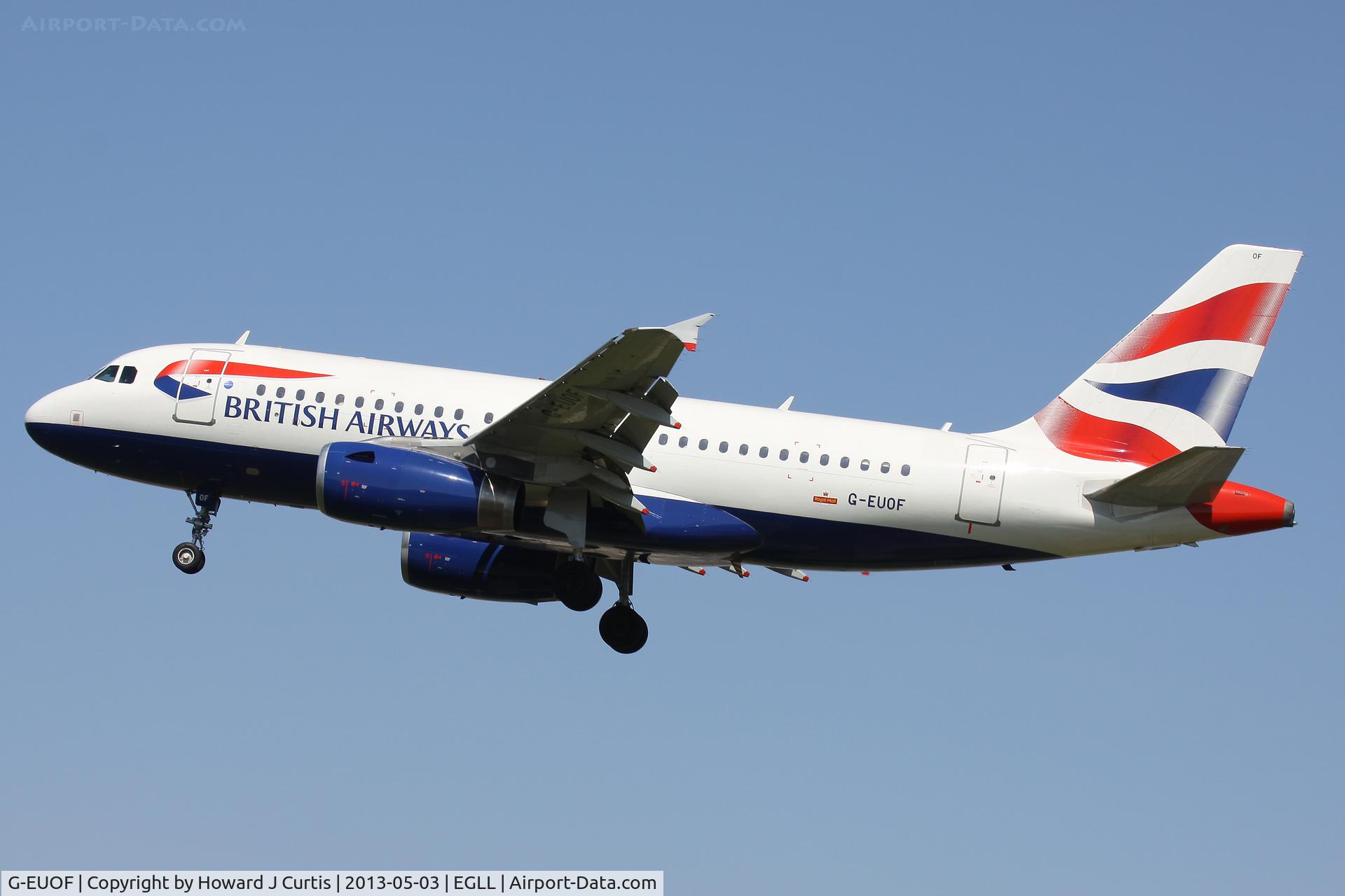 G-EUOF, 2001 Airbus A319-131 C/N 1590, British Airways, on approach to runway 27L.