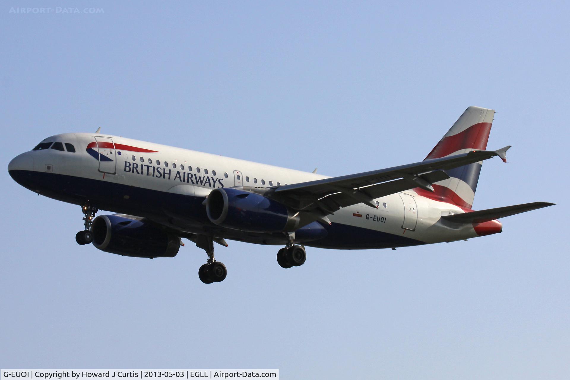 G-EUOI, 2001 Airbus A319-131 C/N 1606, British Airways, on approach to runway 27L.