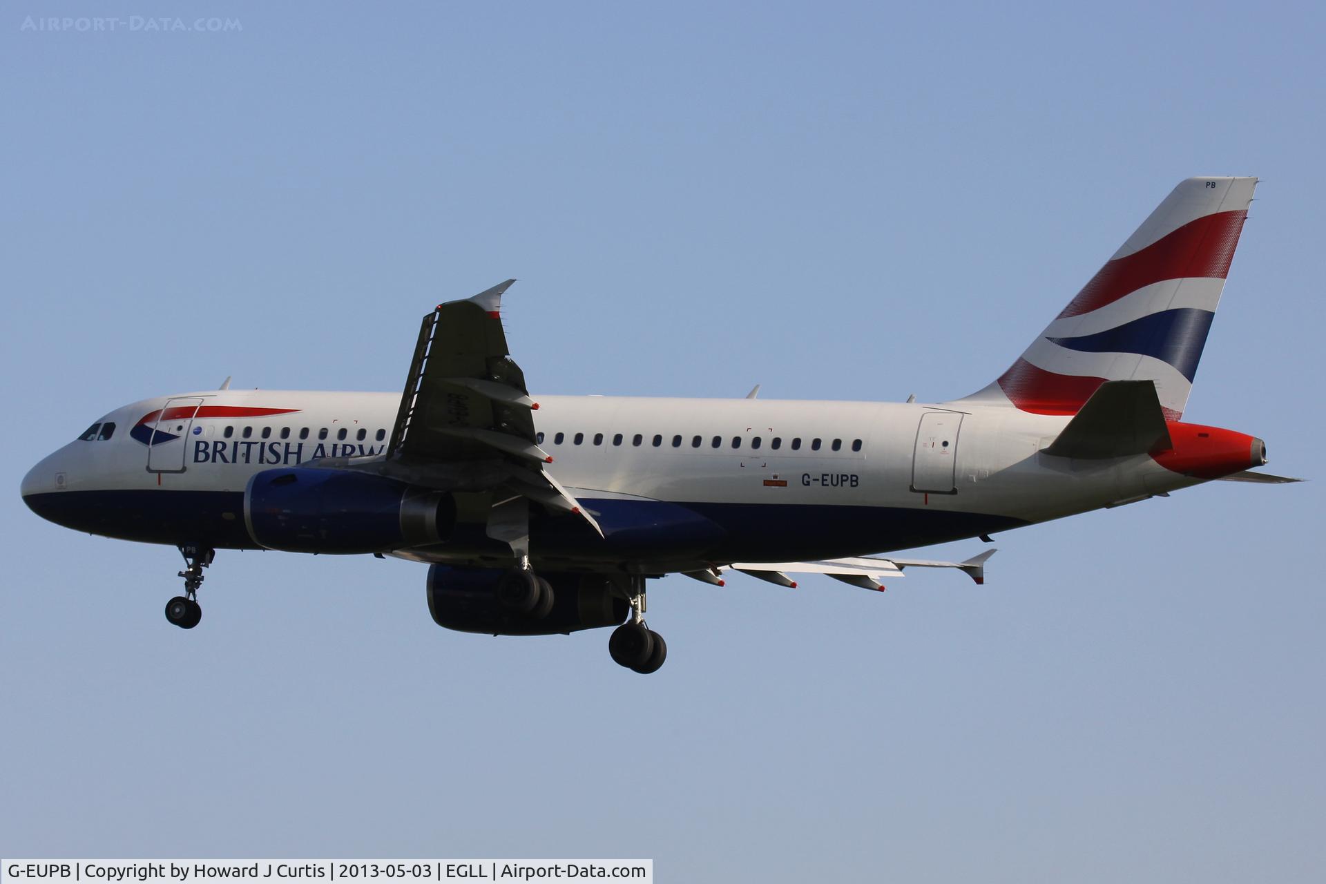 G-EUPB, 1999 Airbus A319-131 C/N 1115, British Airways, on approach to runway 27L.