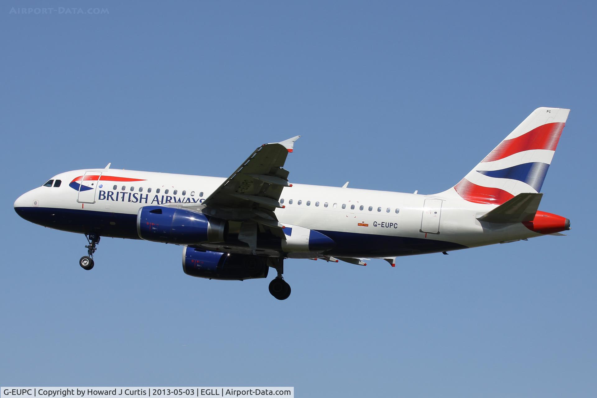 G-EUPC, 1999 Airbus A319-131 C/N 1118, British Airways, on approach to runway 27L.