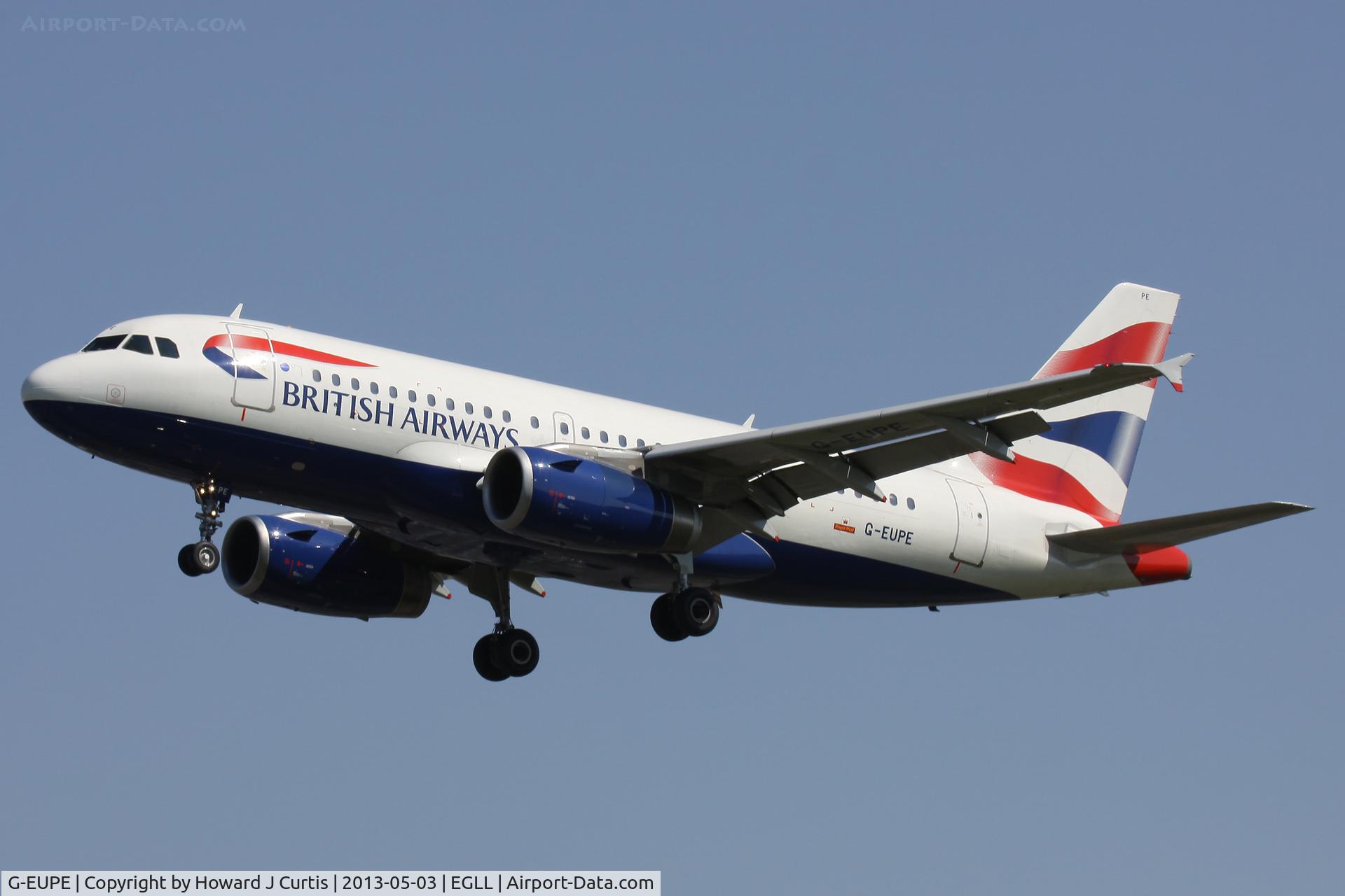 G-EUPE, 2000 Airbus A319-131 C/N 1193, British Airways, on approach to runway 27L.