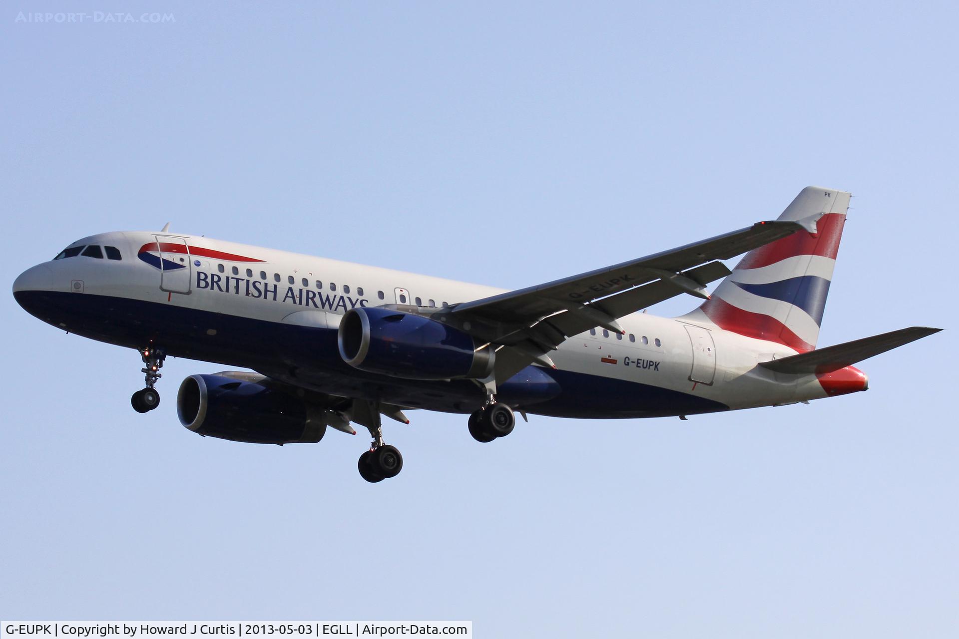 G-EUPK, 2000 Airbus A319-131 C/N 1236, British Airways, on approach to runway 27L.