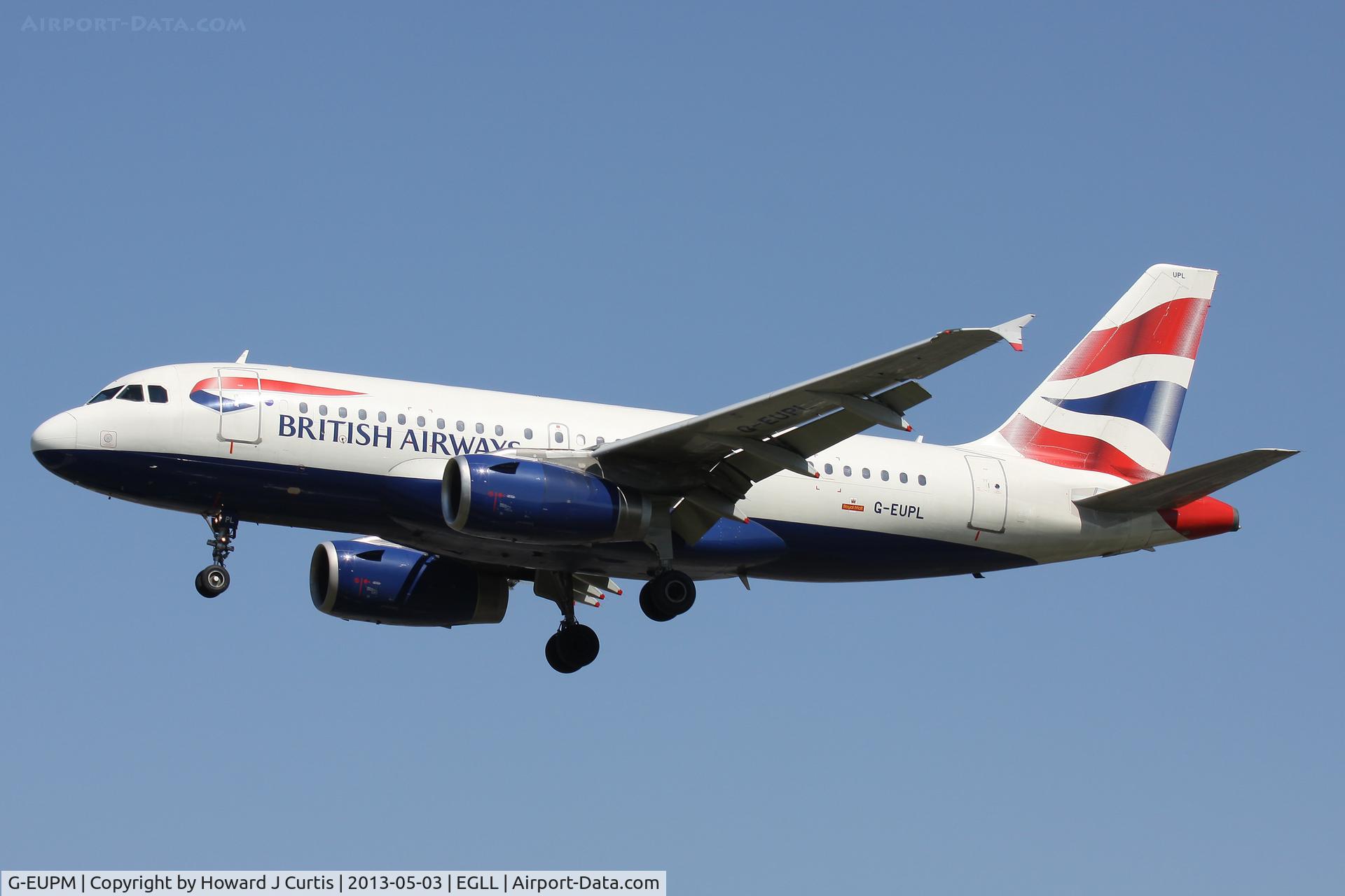 G-EUPM, 2000 Airbus A319-131 C/N 1258, British Airways, on approach to runway 27L.