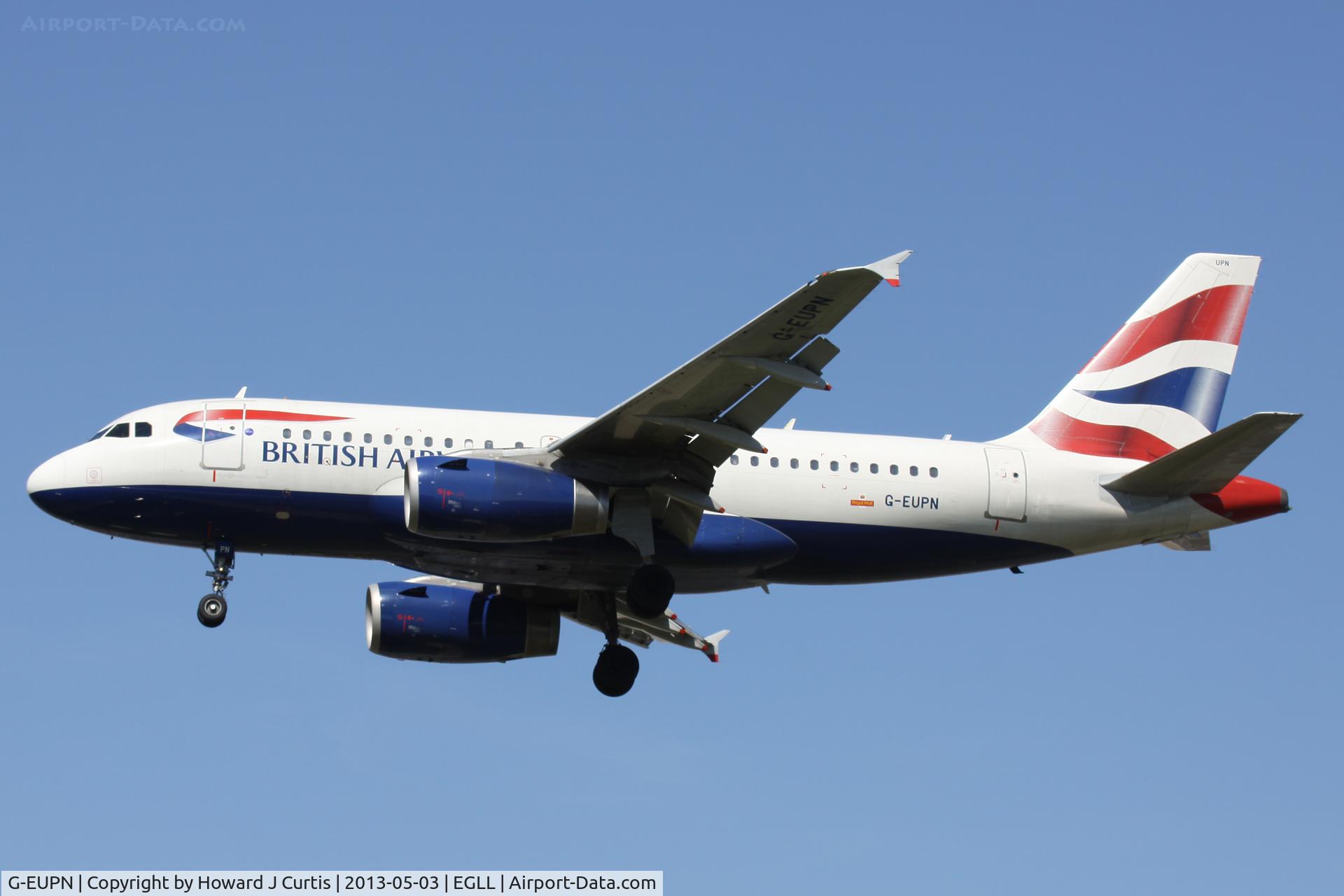 G-EUPN, 2000 Airbus A319-131 C/N 1261, British Airways, on approach to runway 27L.