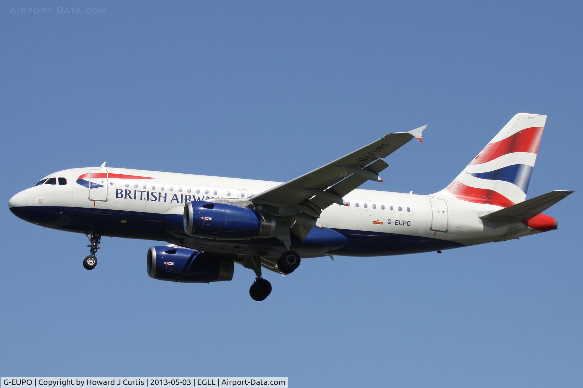 G-EUPO, 2000 Airbus A319-131 C/N 1279, British Airways, on approach to runway 27L.
