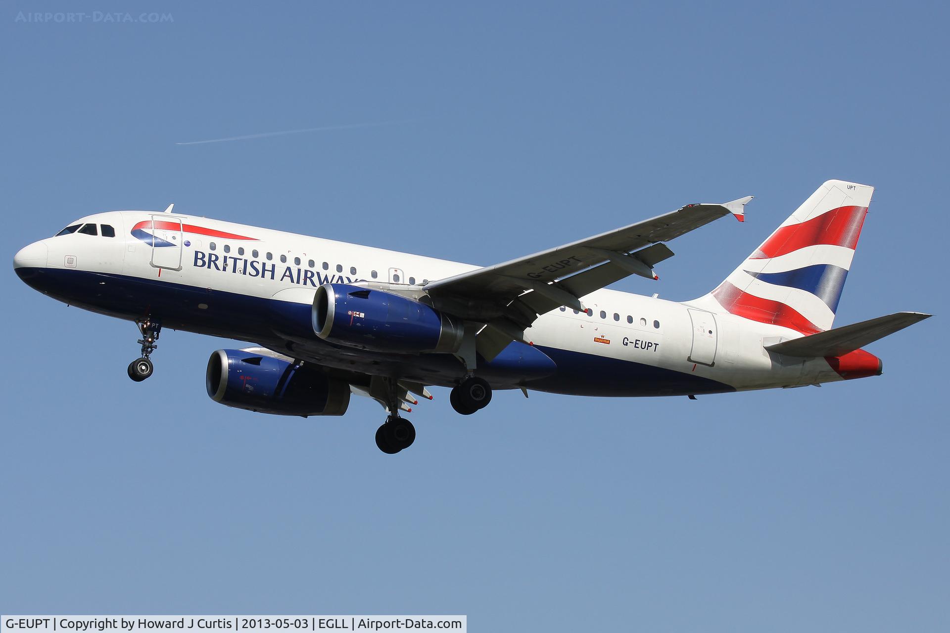 G-EUPT, 2000 Airbus A319-131 C/N 1380, British Airways, on approach to runway 27L.