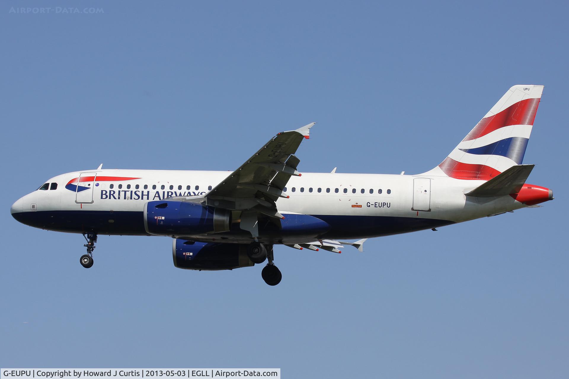 G-EUPU, 2000 Airbus A319-131 C/N 1384, British Airways, on approach to runway 27L.