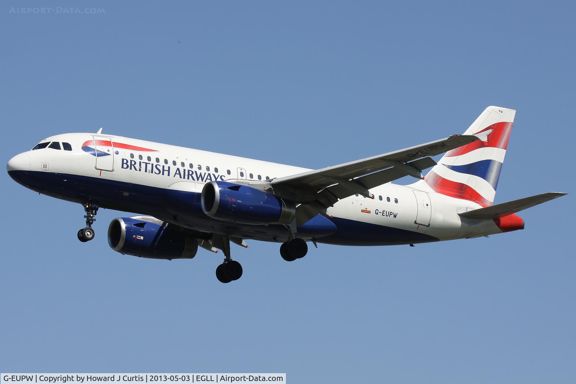 G-EUPW, 2001 Airbus A319-131 C/N 1440, British Airways, on approach to runway 27L.