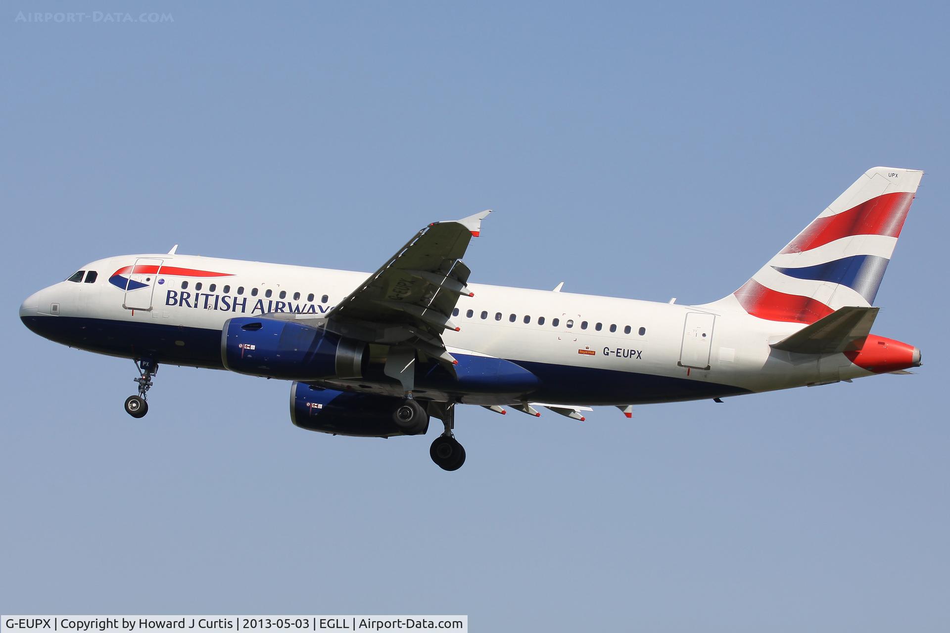 G-EUPX, 2001 Airbus A319-131 C/N 1445, British Airways, on approach to runway 27L.