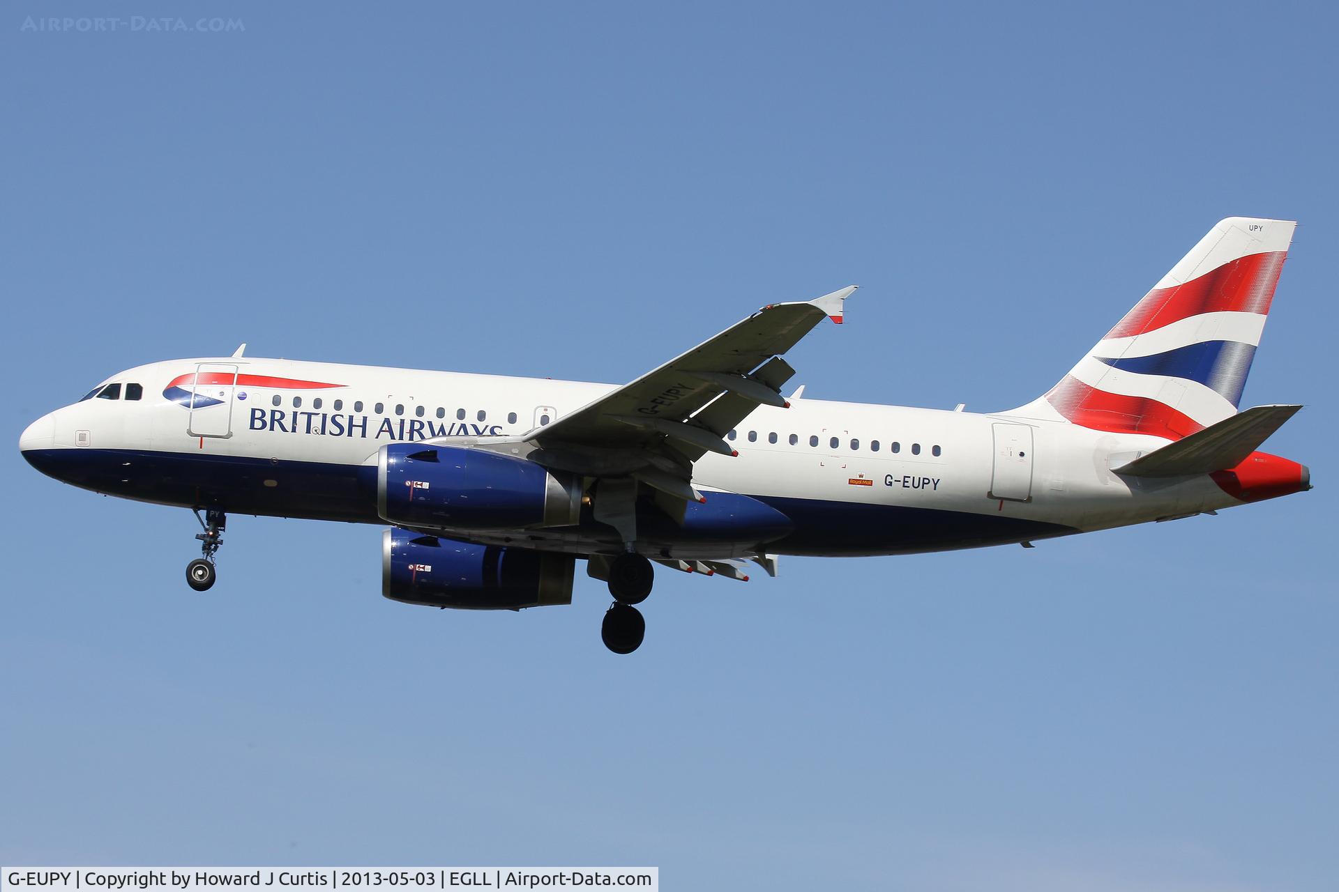 G-EUPY, 2001 Airbus A319-131 C/N 1466, British Airways, on approach to runway 27L.