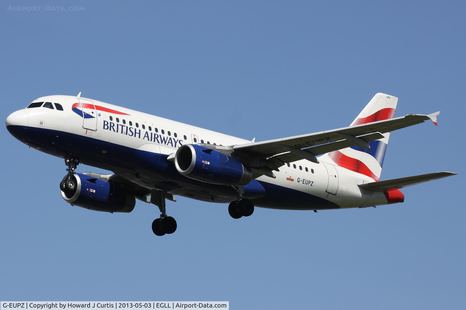 G-EUPZ, 2001 Airbus A319-131 C/N 1510, British Airways, on approach to runway 27L.