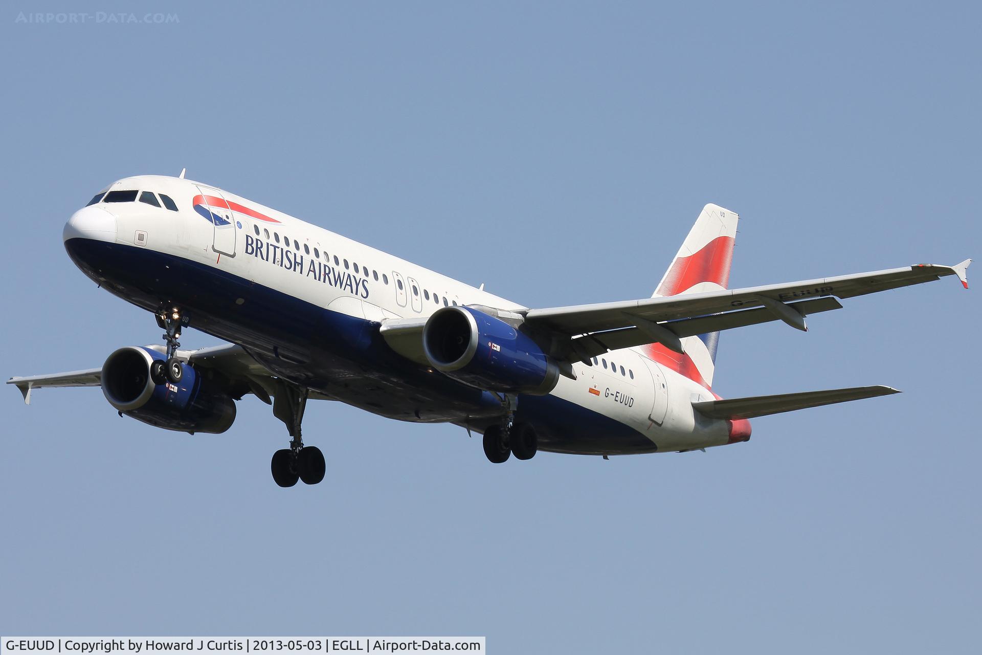 G-EUUD, 2002 Airbus A320-232 C/N 1760, British Airways, on approach to runway 27L.