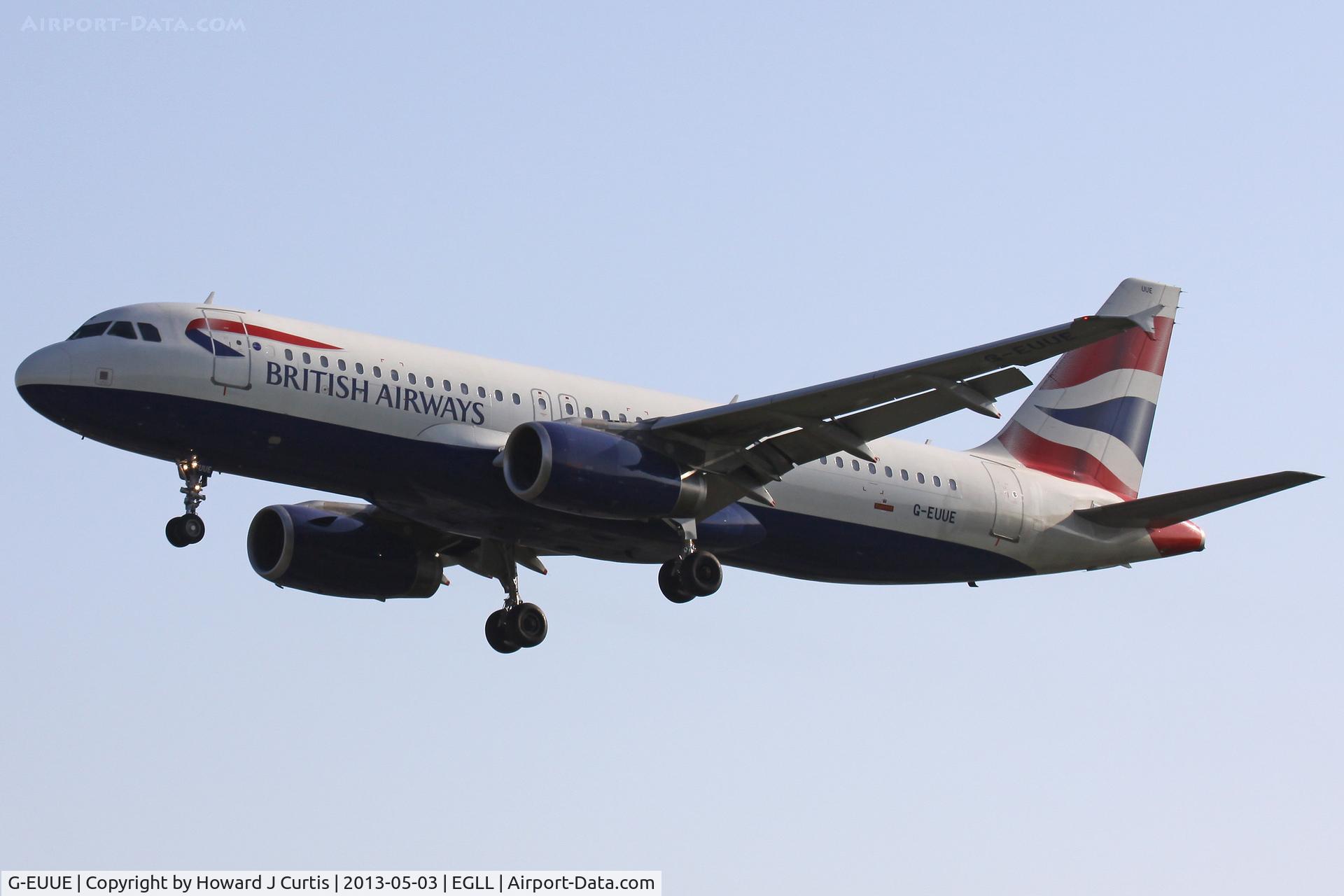 G-EUUE, 2002 Airbus A320-232 C/N 1782, British Airways, on approach to runway 27L.