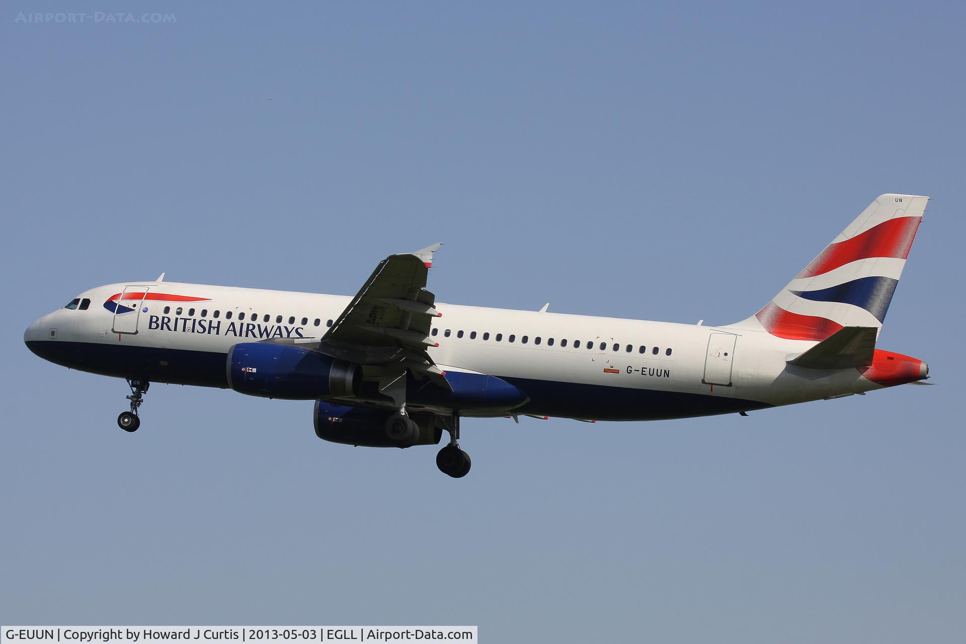 G-EUUN, 2003 Airbus A320-232 C/N 1910, British Airways, on approach to runway 27L.