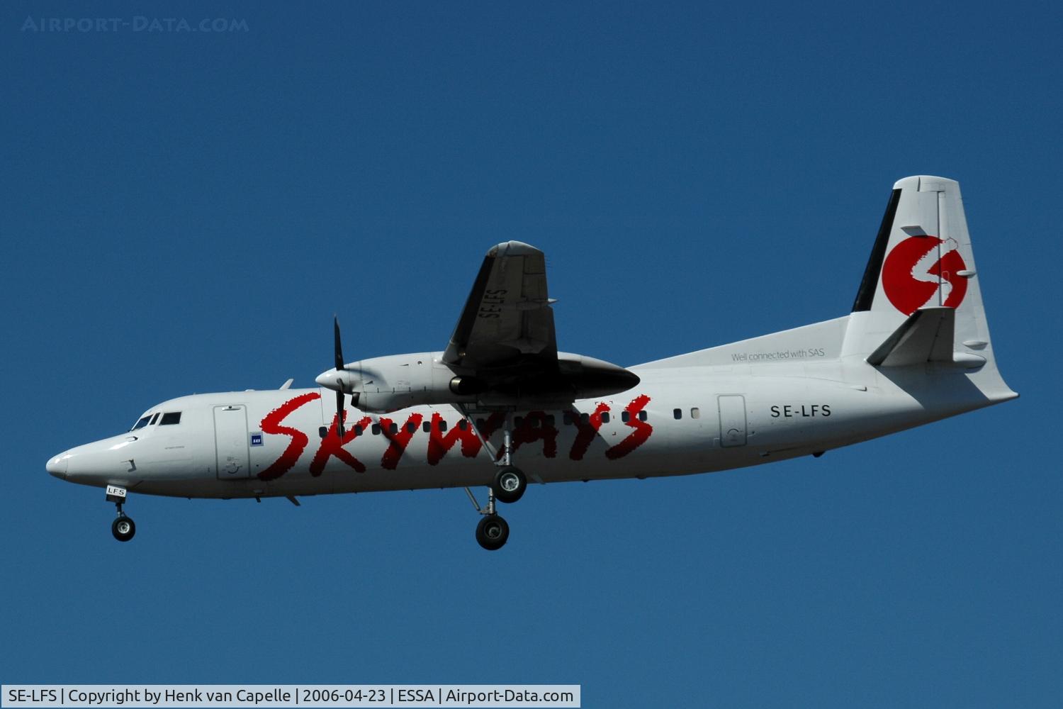 SE-LFS, 1991 Fokker 50 C/N 20216, Skyways Fokker 50 on final approach to Stockholm Arlanda airport, Sweden.
