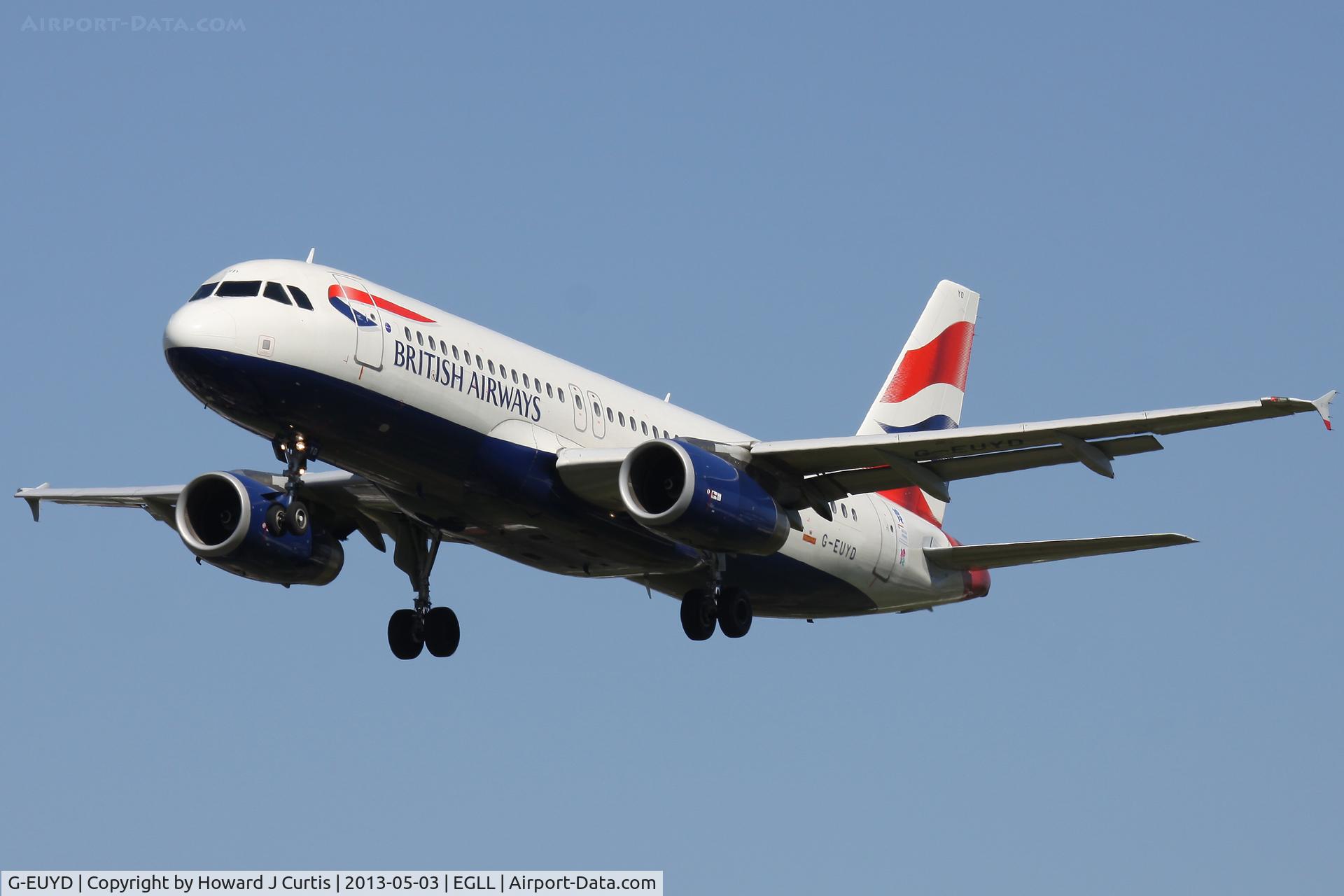 G-EUYD, 2008 Airbus A320-232 C/N 3726, British Airways, on approach to runway 27L.
