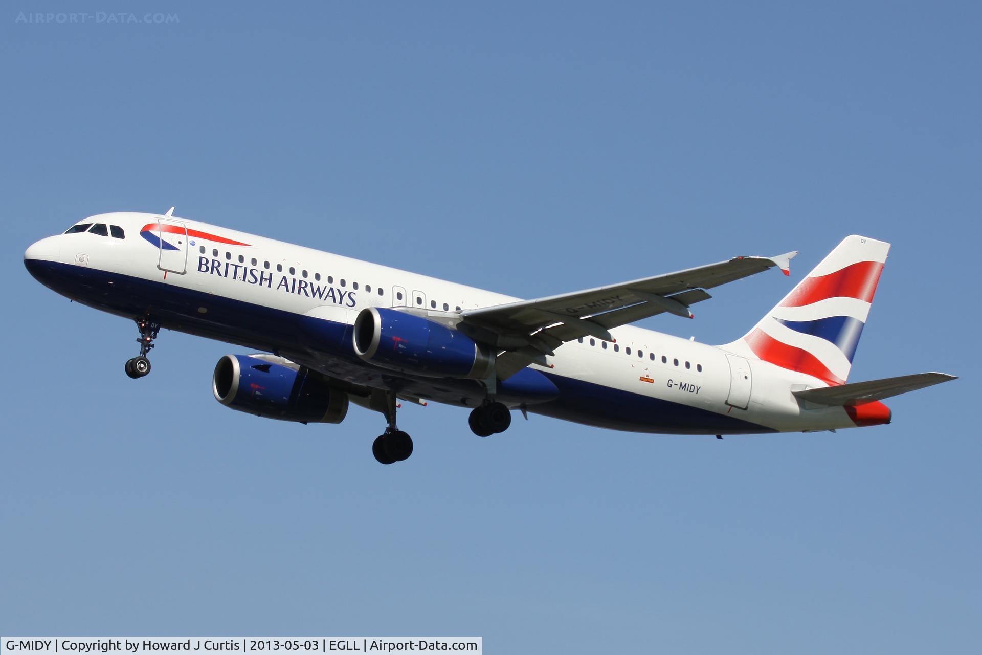 G-MIDY, 1999 Airbus A320-232 C/N 1014, British Airways, on approach to runway 27L.