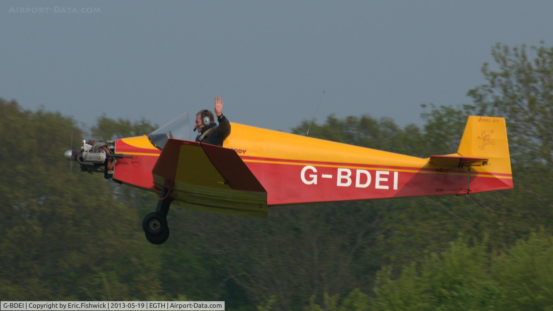 G-BDEI, 1977 Jodel D-9 Bebe C/N PFA 936, G-BDEI departing Shuttleworth Flying Day and LAA Party in the Park, May 2013.