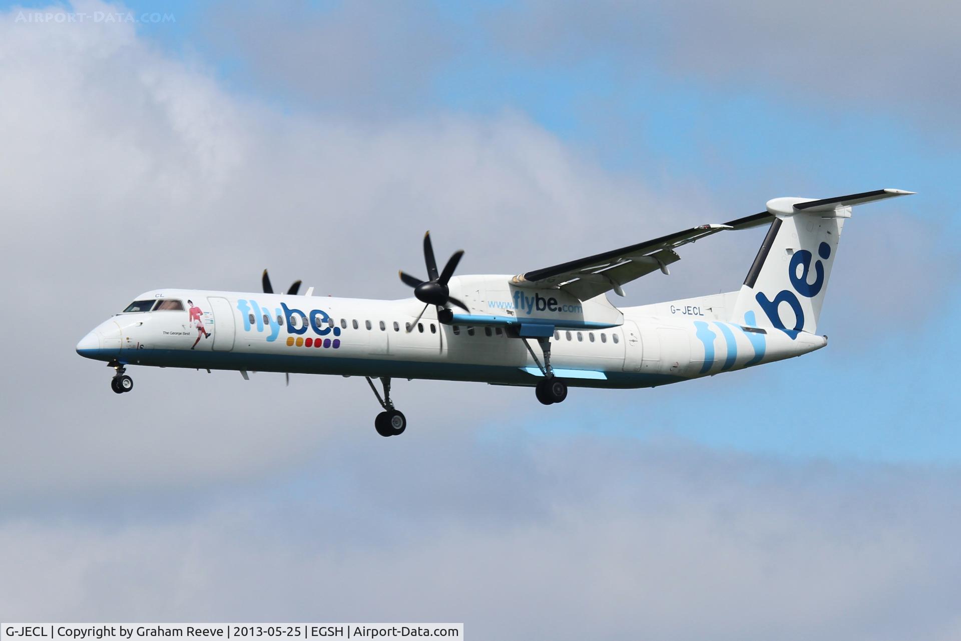 G-JECL, 2005 De Havilland Canada DHC-8-402Q Dash 8 C/N 4114, Coming into land at Norwich.