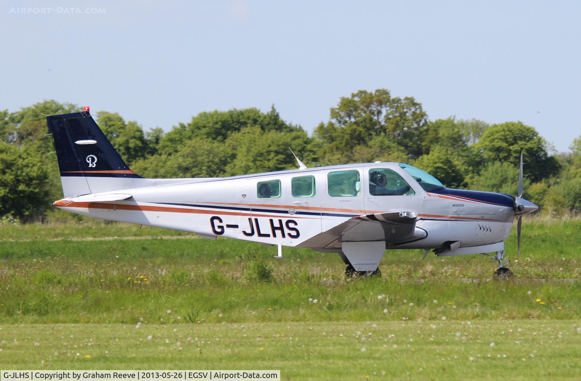 G-JLHS, 1990 Beech A36 Bonanza 36 C/N E-2571, Taking off from Old Buckenham.