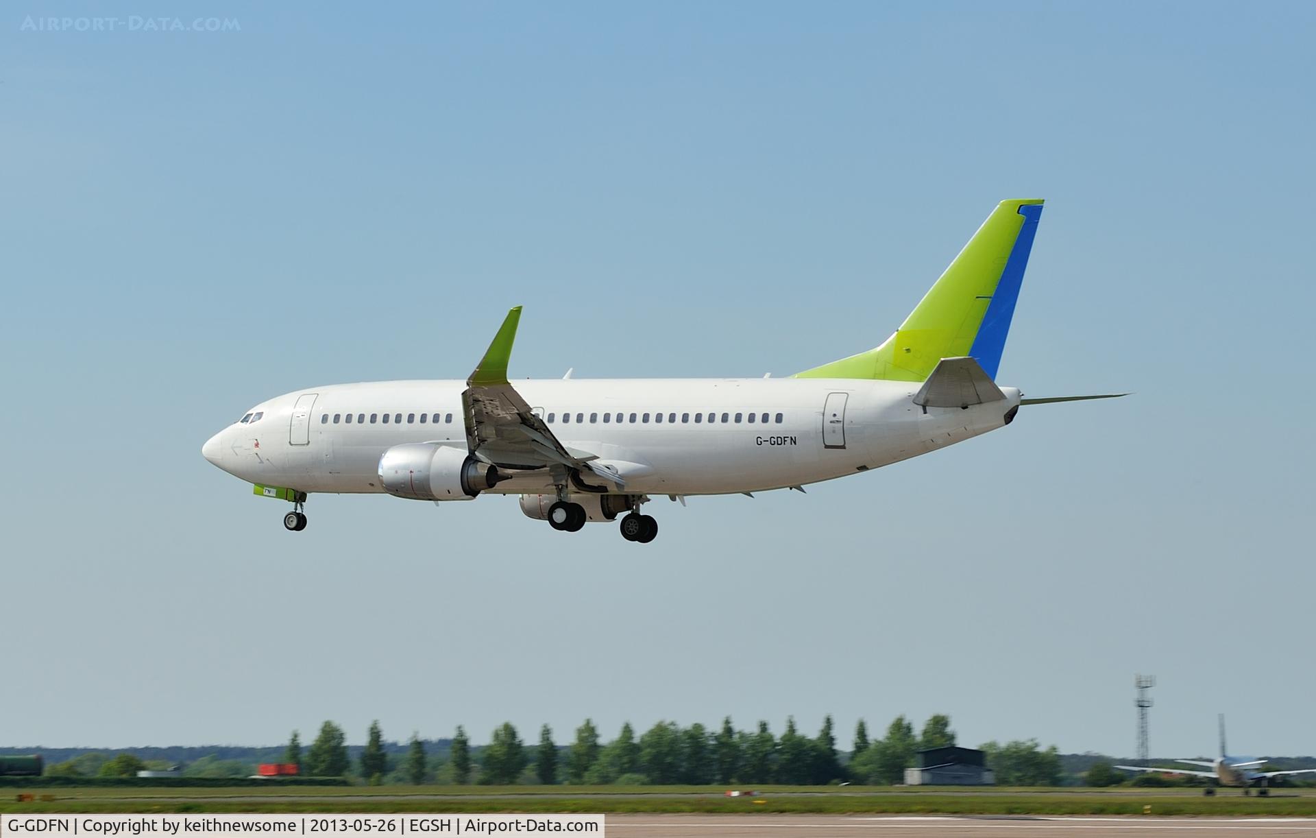 G-GDFN, 1998 Boeing 737-33V C/N 29332, Landing following short air test.