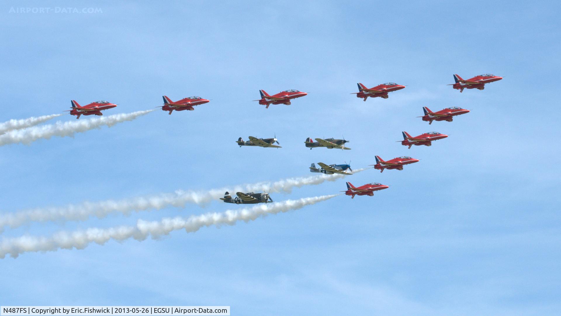 N487FS, 1943 North American P-51C Mustang C/N 103-26778, 45. 'Princess Elizabeth' and the other members of 'Eagle Squadron' with the Red Arrows at the IWM Spring Airshow, May 2013.