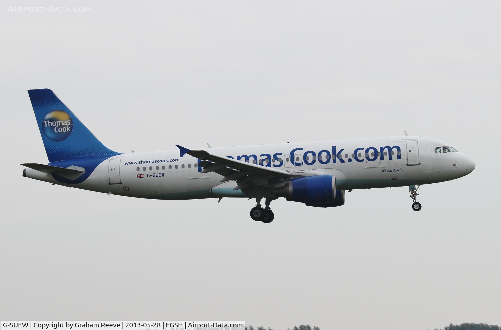 G-SUEW, 2003 Airbus A320-214 C/N 1961, About to touch down on runway 09.
