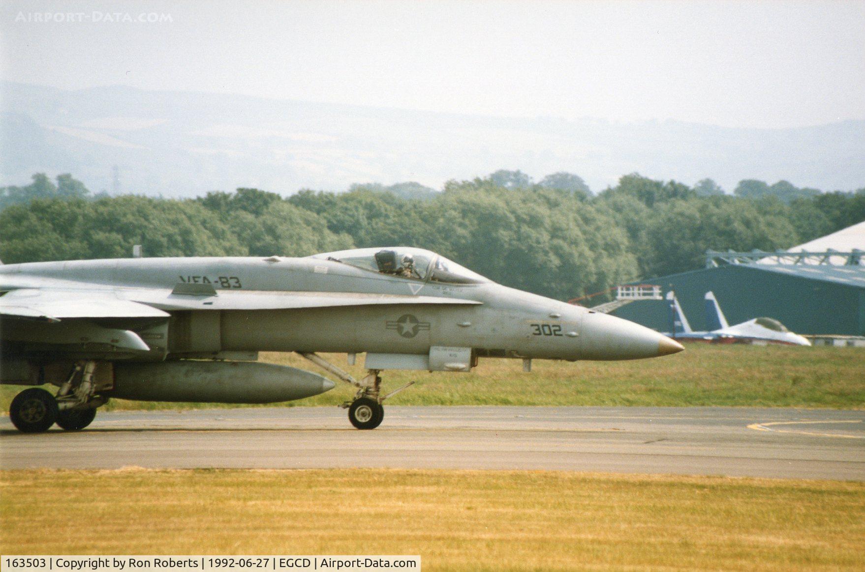 163503, 1988 McDonnell Douglas F/A-18C Hornet C/N 0746/C056, Woodford Airshow. Flew up from the Mediterranean off the USS Saratoga.