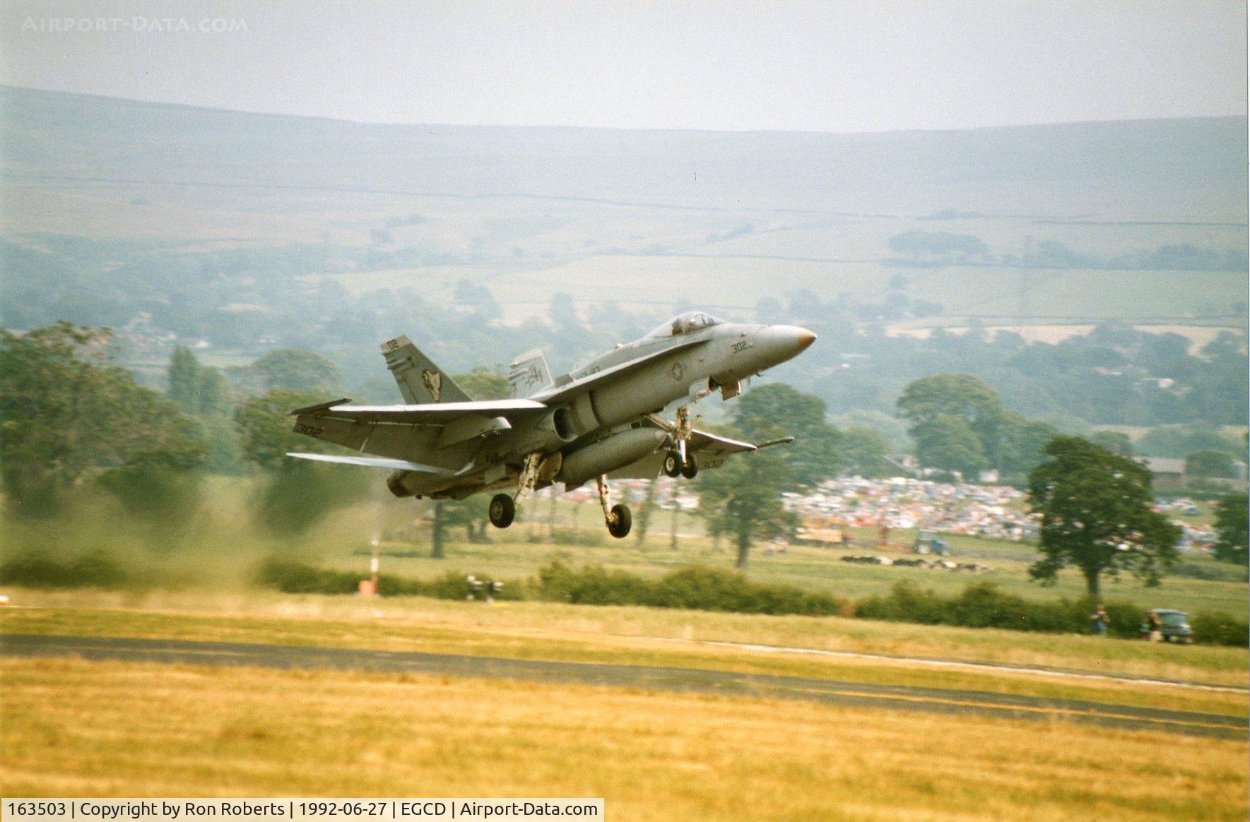 163503, 1988 McDonnell Douglas F/A-18C Hornet C/N 0746/C056, Woodford Airshow. Flew up from the Mediterranean off the USS Saratoga.