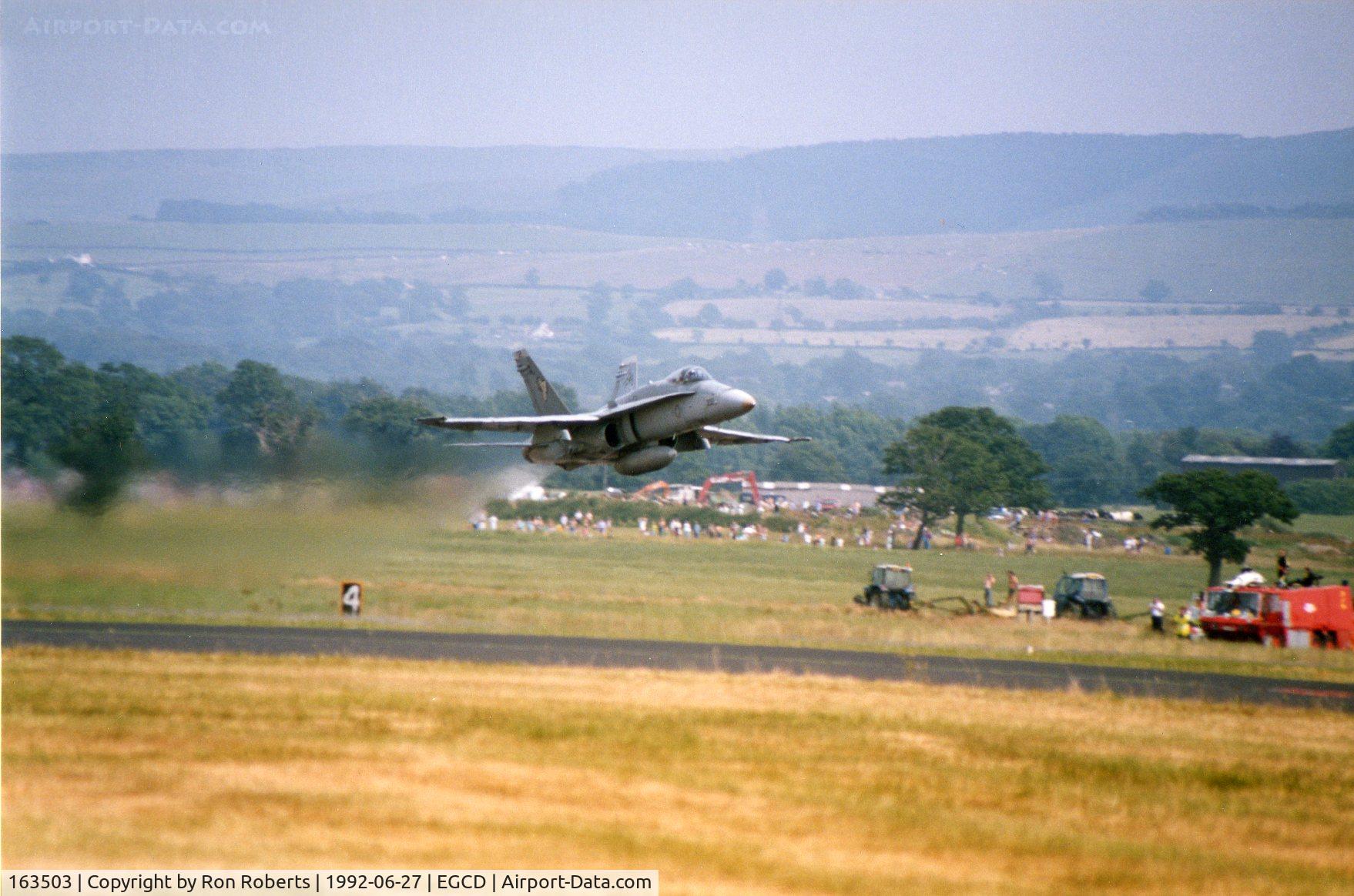 163503, 1988 McDonnell Douglas F/A-18C Hornet C/N 0746/C056, Woodford Airshow. Flew up from the Mediterranean off the USS Saratoga.