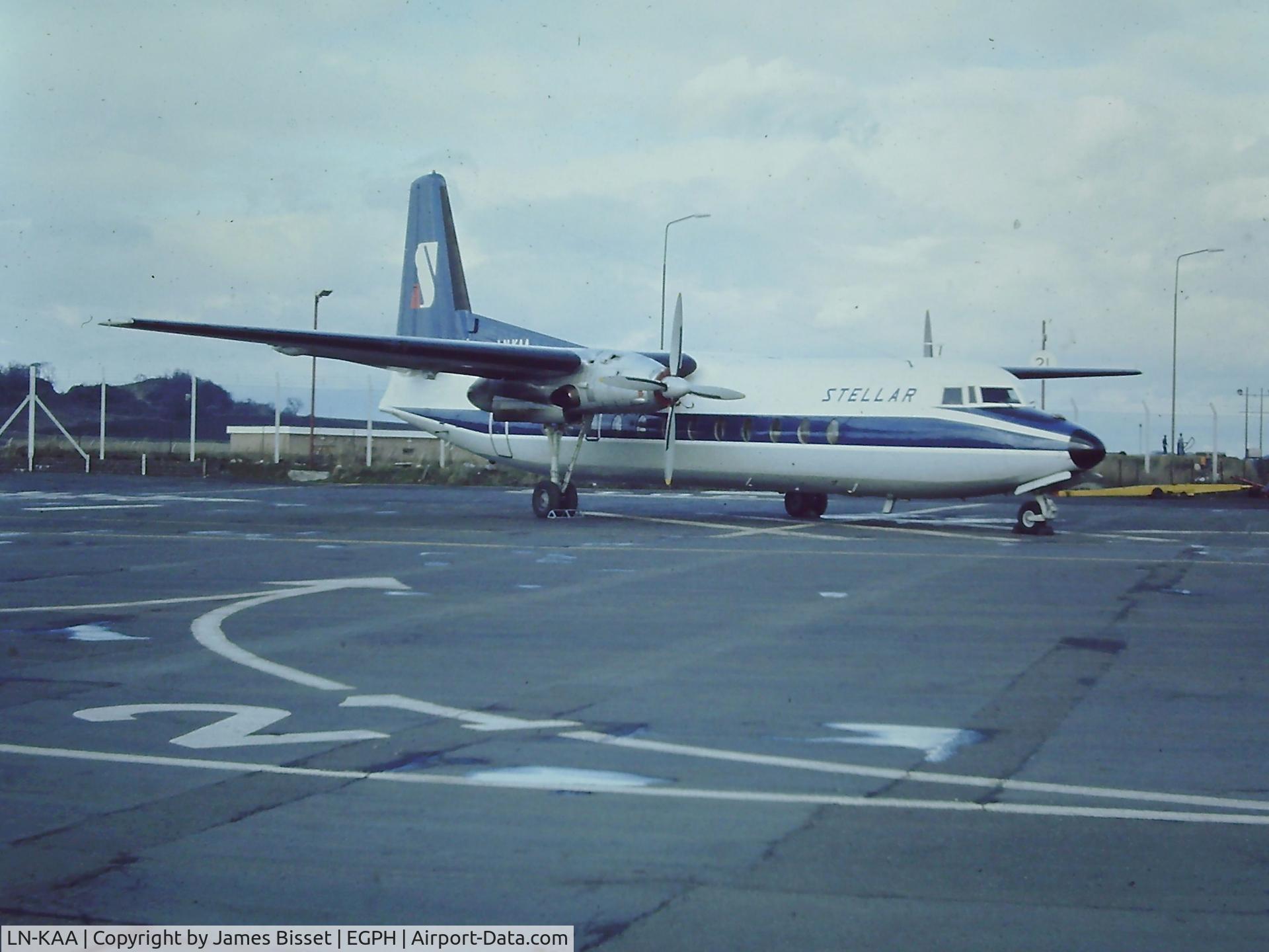 LN-KAA, 1967 Fairchild Hiller FH-227B C/N 537, Norwegian FH227 LN-KAA on stand 20A, Eastern Apron , Edinburgh Airport,  February 1978