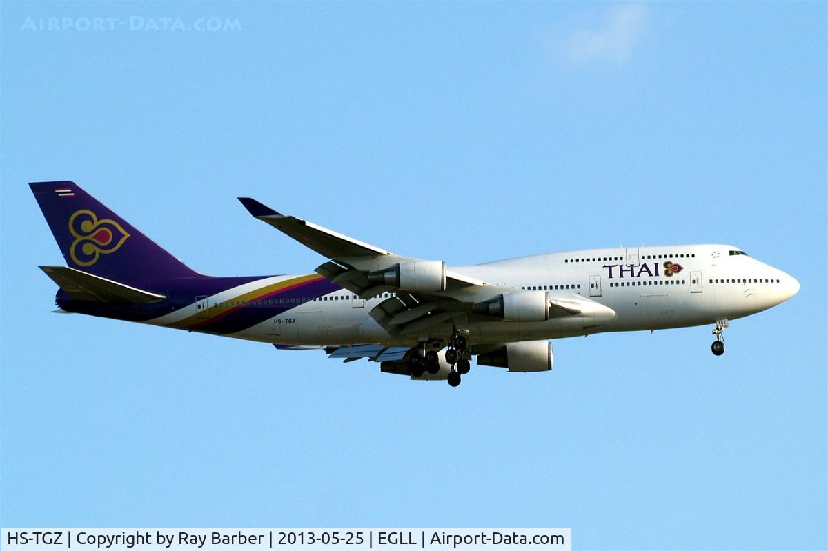 HS-TGZ, 1999 Boeing 747-4D7 C/N 28706, Boeing 747-4D7 [28706] (Thai Airways) Home~G 25/05/2013. On approach 27L.